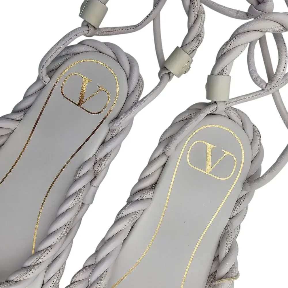 Valentino Garavani White Braided Leather Gladiator Flat Tie Sandal Size 36 US 6